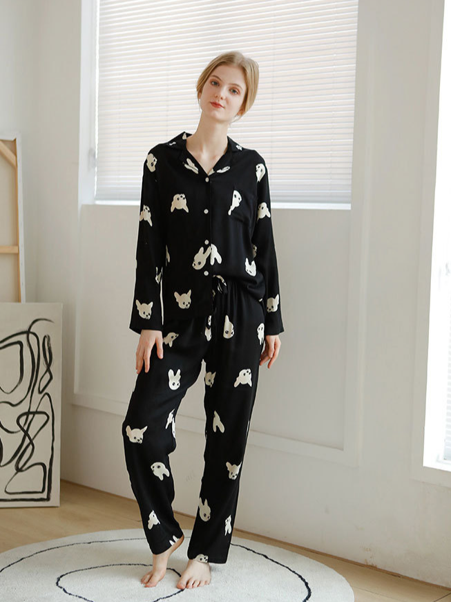 Animal Shawl Collar Simple Regular Fit Long Sleeve Pajama Set