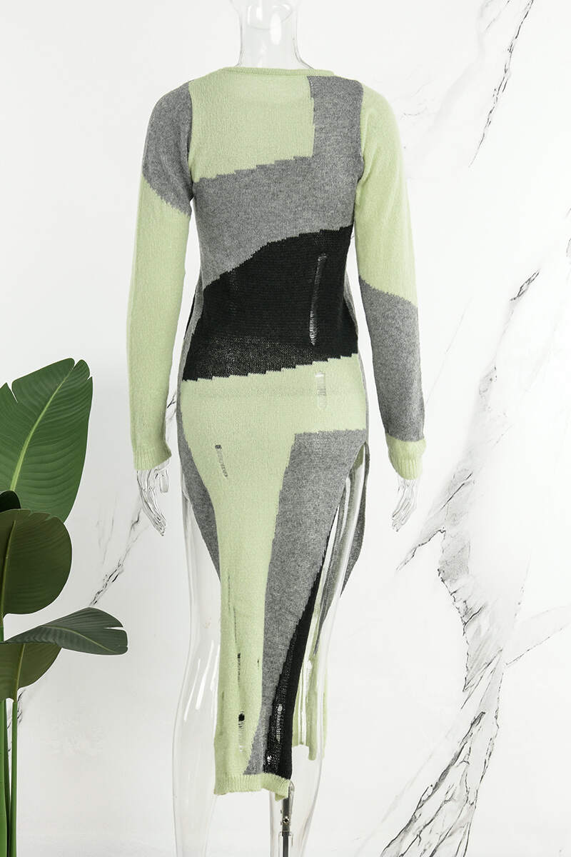 Green Casual Patchwork Ripped Slit O Neck Long Sleeve Dresses