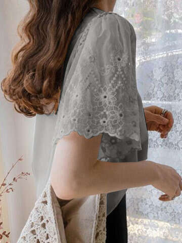 Women Blouses & Shirts | Lace Ruffle Sleeve Crew Neck Solid Casual Blouse - KR35330