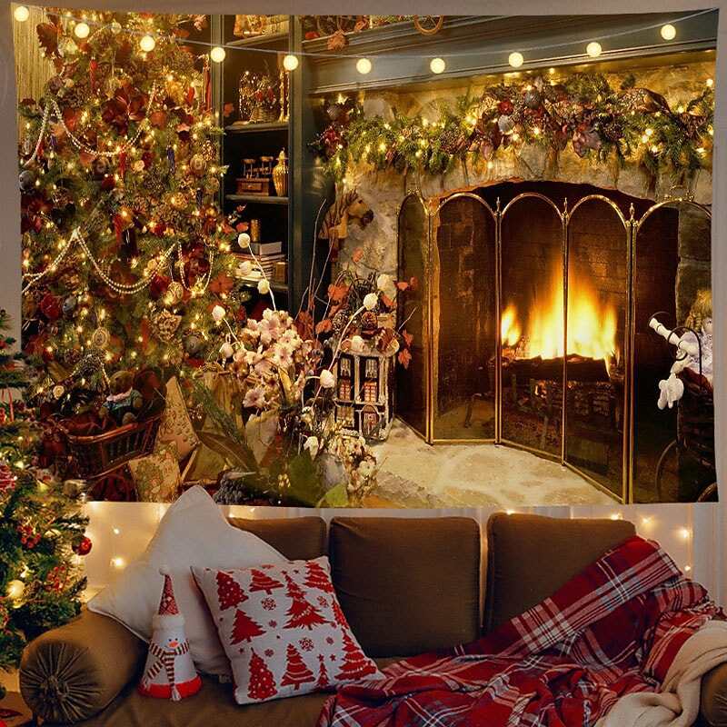 Christmas Decor LED Lights Wall Tapestry Fireplace Christmas Tree Print