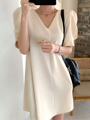 Women Casual Dresses | Elegant Solid Color Short Sleeve V-Neck Dress - IP41881