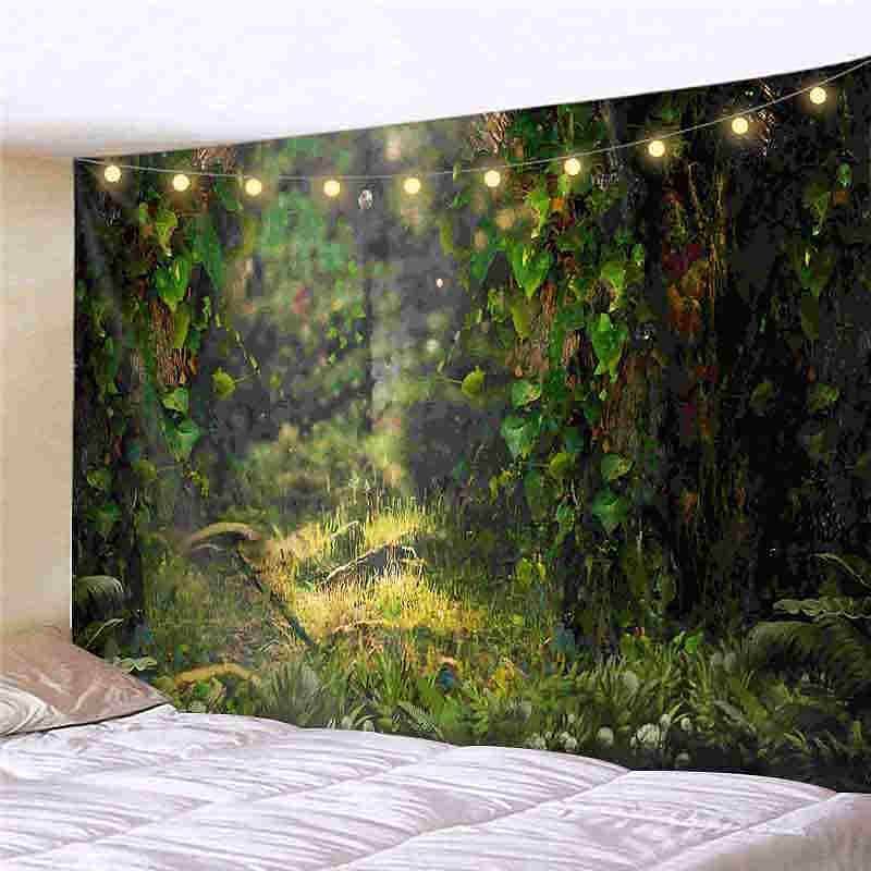 Landscape LED Lights Wall Tapestry Art Decor Forest River Tree Print