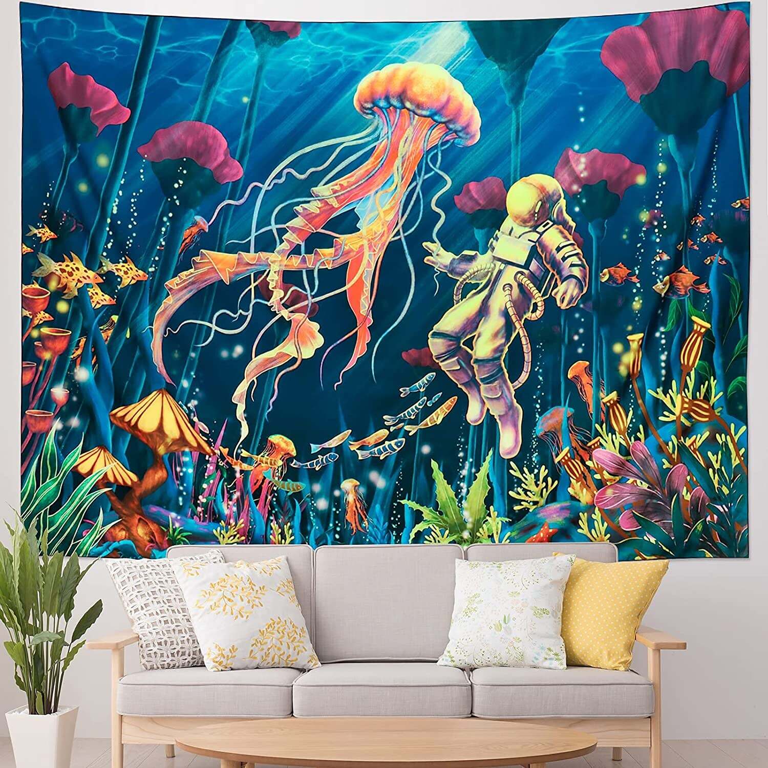 Jellyfish Astronaut Blacklight UV Reactive Tapestry