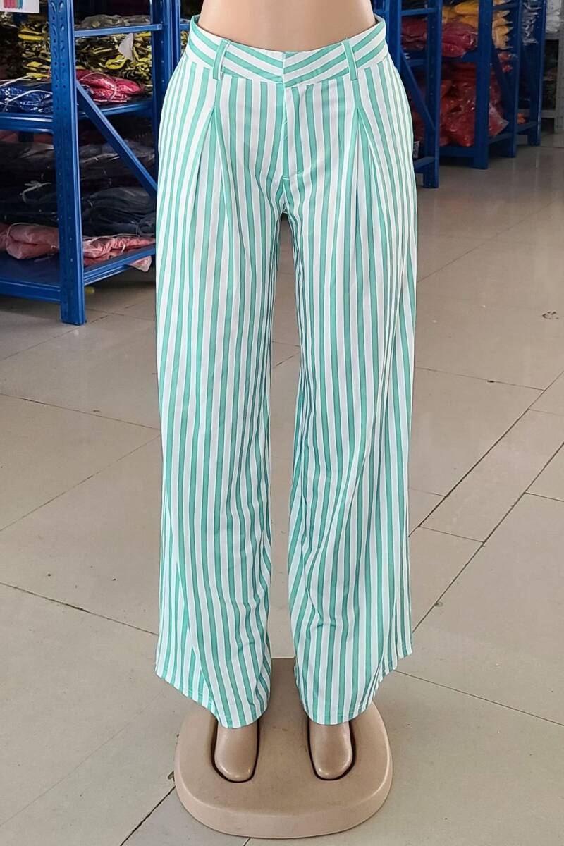 Black Casual Striped Print Patchwork Regular High Waist Conventional Full Print Trousers