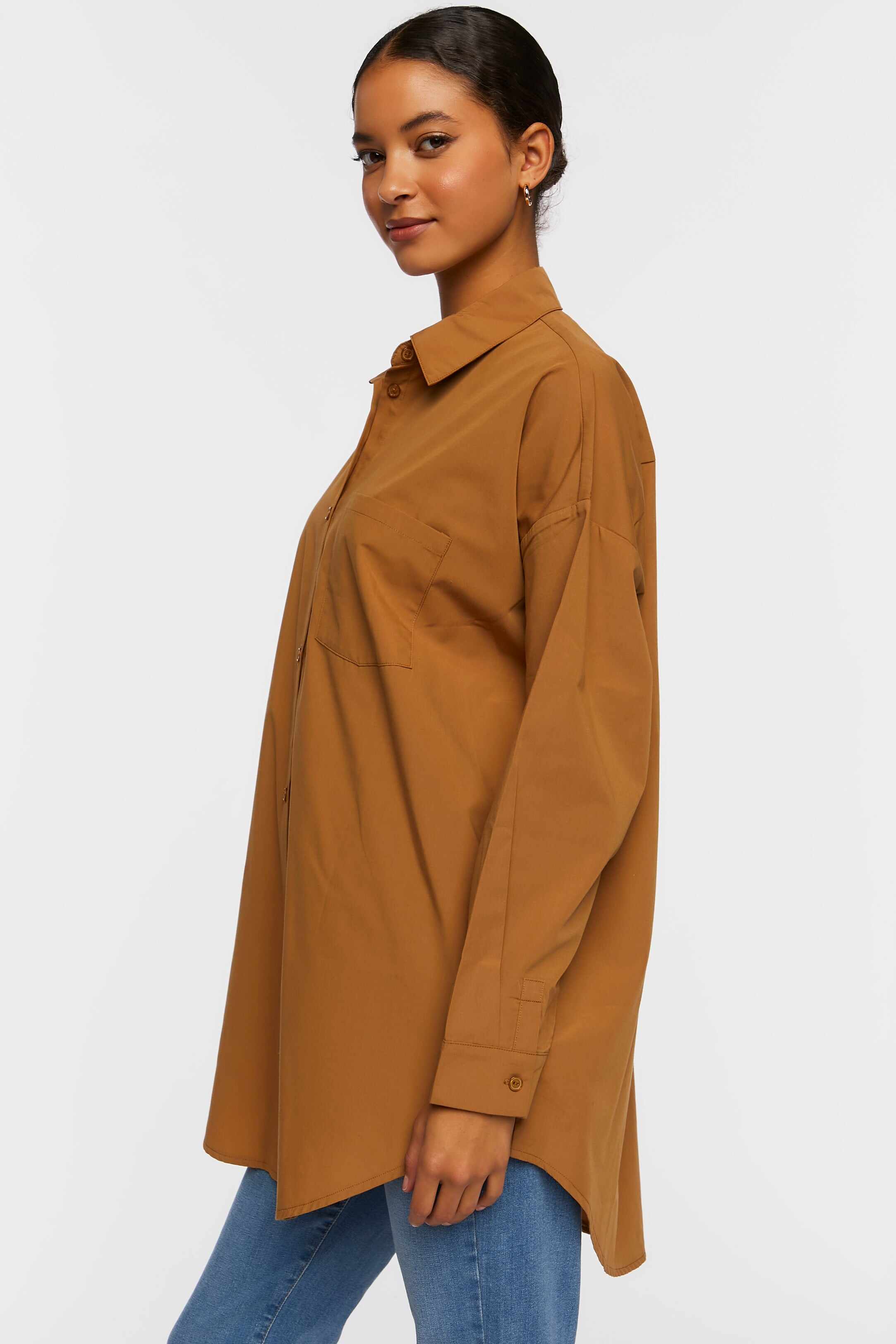 Women Apparel | Oversized Longline Poplin Shirt Dark Brown Forever21 - ZJ71901
