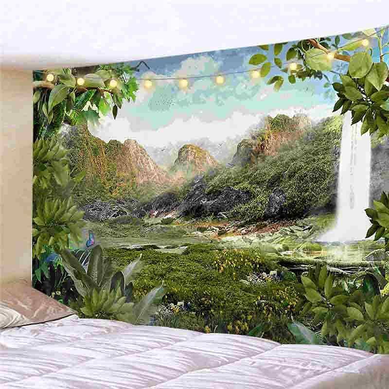 Landscape LED Lights Wall Tapestry Art Decor Forest Waterfall Print