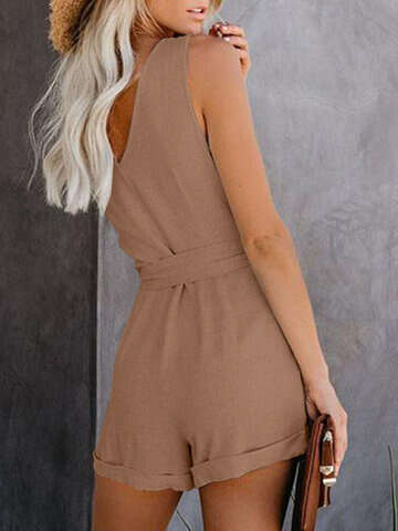 Women Jumpsuits & Rompers | Solid Button Belt Pocket V-neck Rolled Hem Romper - JN55152