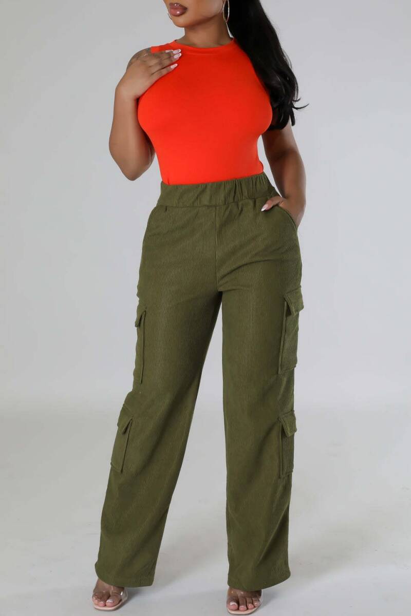 Army Green Casual Solid Patchwork Regular High Waist Conventional Solid Color Trousers