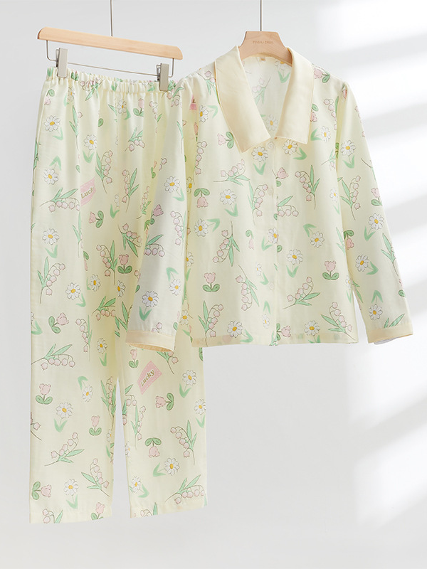 Simple Regular Long Sleeve Floral Cotton Regular Fit Pajama Set