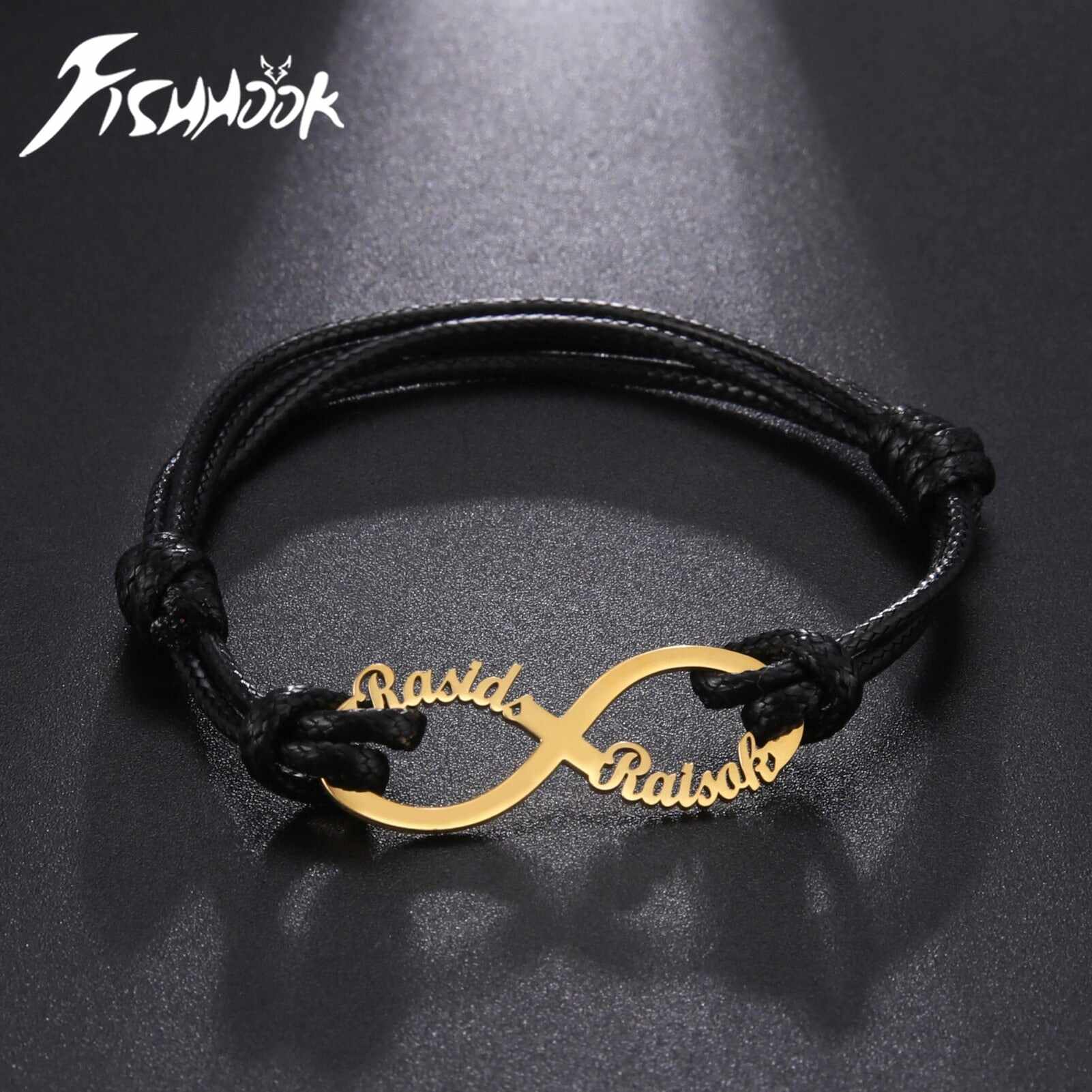 Fishhook Infinity Custom Personalized Bracelet Name Bangle Rope Leather Adjustable Gift For Man Women Stainless Steel Jewelry