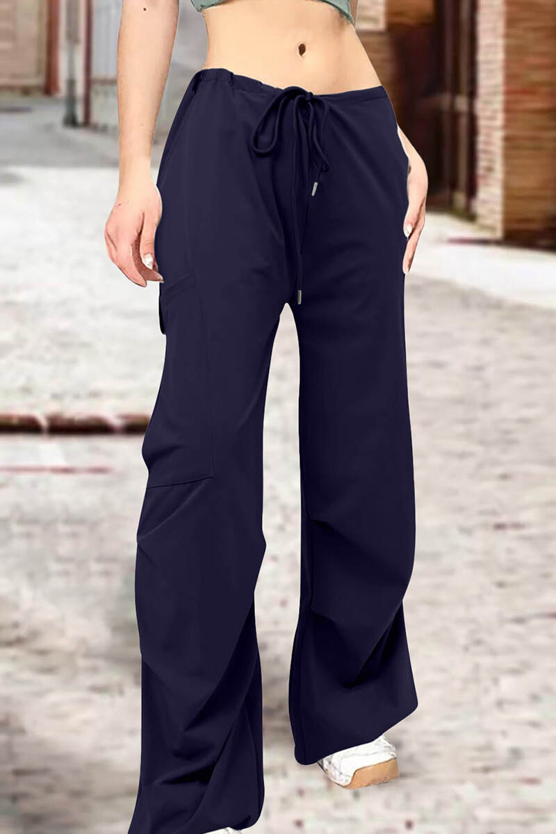 Dark Blue Street Solid Patchwork Draw String Pocket Straight High Waist Straight Solid Color Bottoms