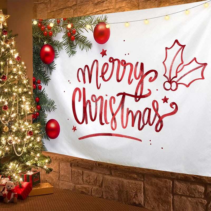 Christmas Decor LED Lights Wall Tapestry Merry Christmas Tree Print