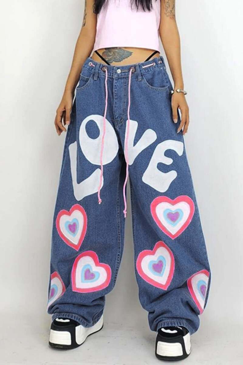 Blue Casual Letter Print Basic Mid Waist Regular Denim Jeans