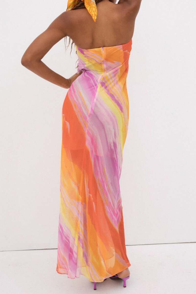 Orange Sexy Casual Print Backless Strapless Long Dress Dresses