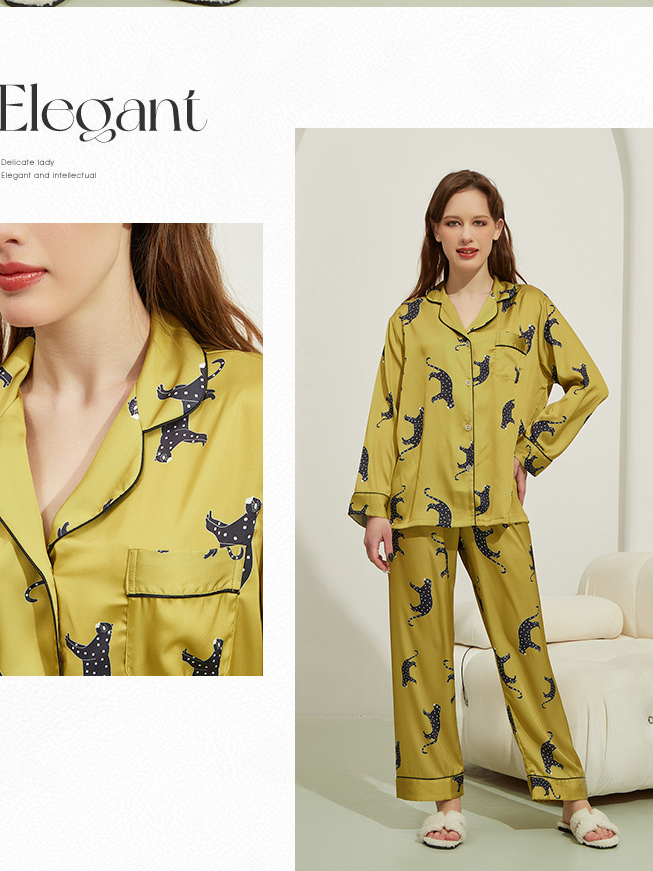 Loose Ice Silk Simple Animal Long Sleeve Pajama Set