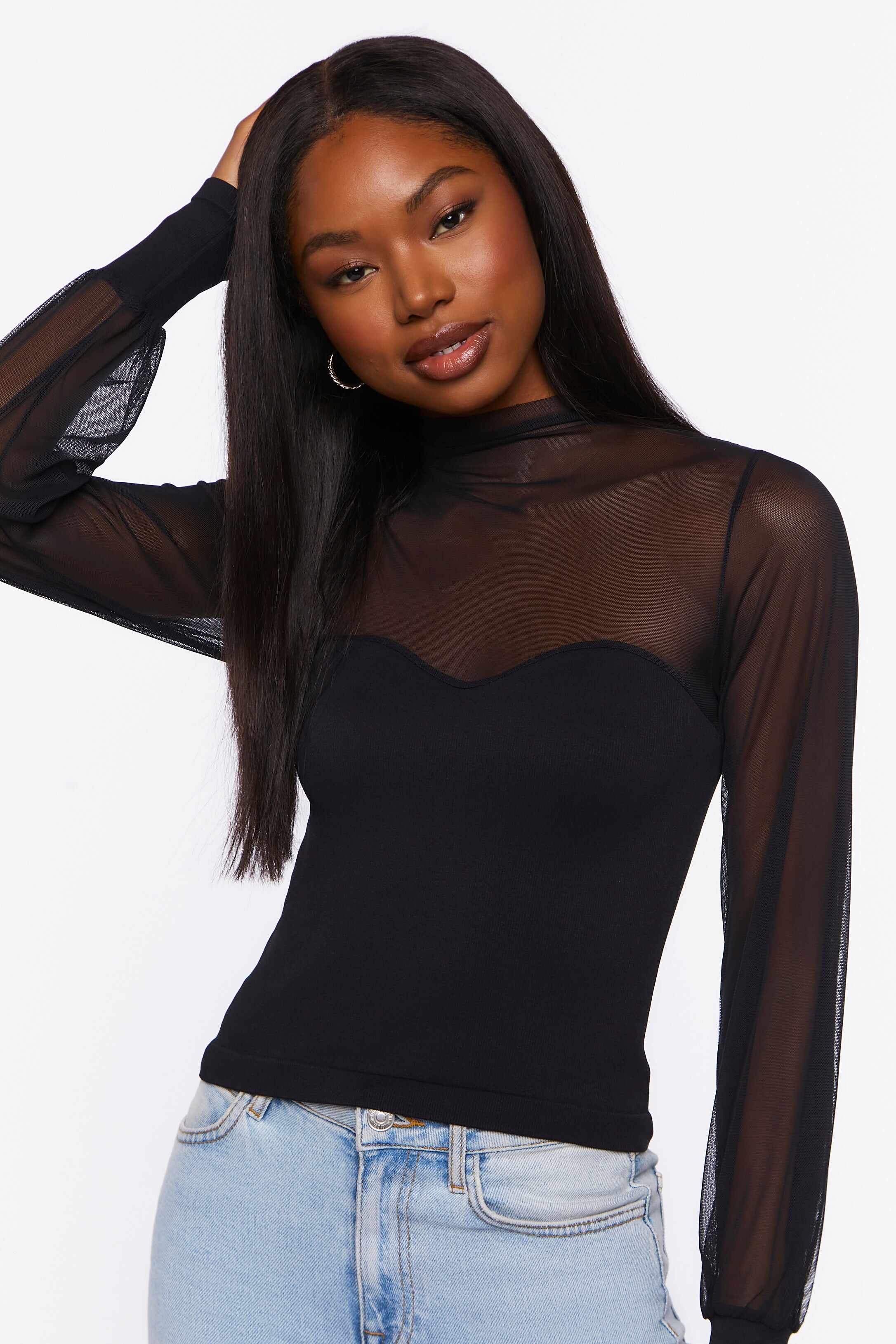 Women Apparel | Seamless Mesh Long-Sleeve Top Black Forever21 - WU45850