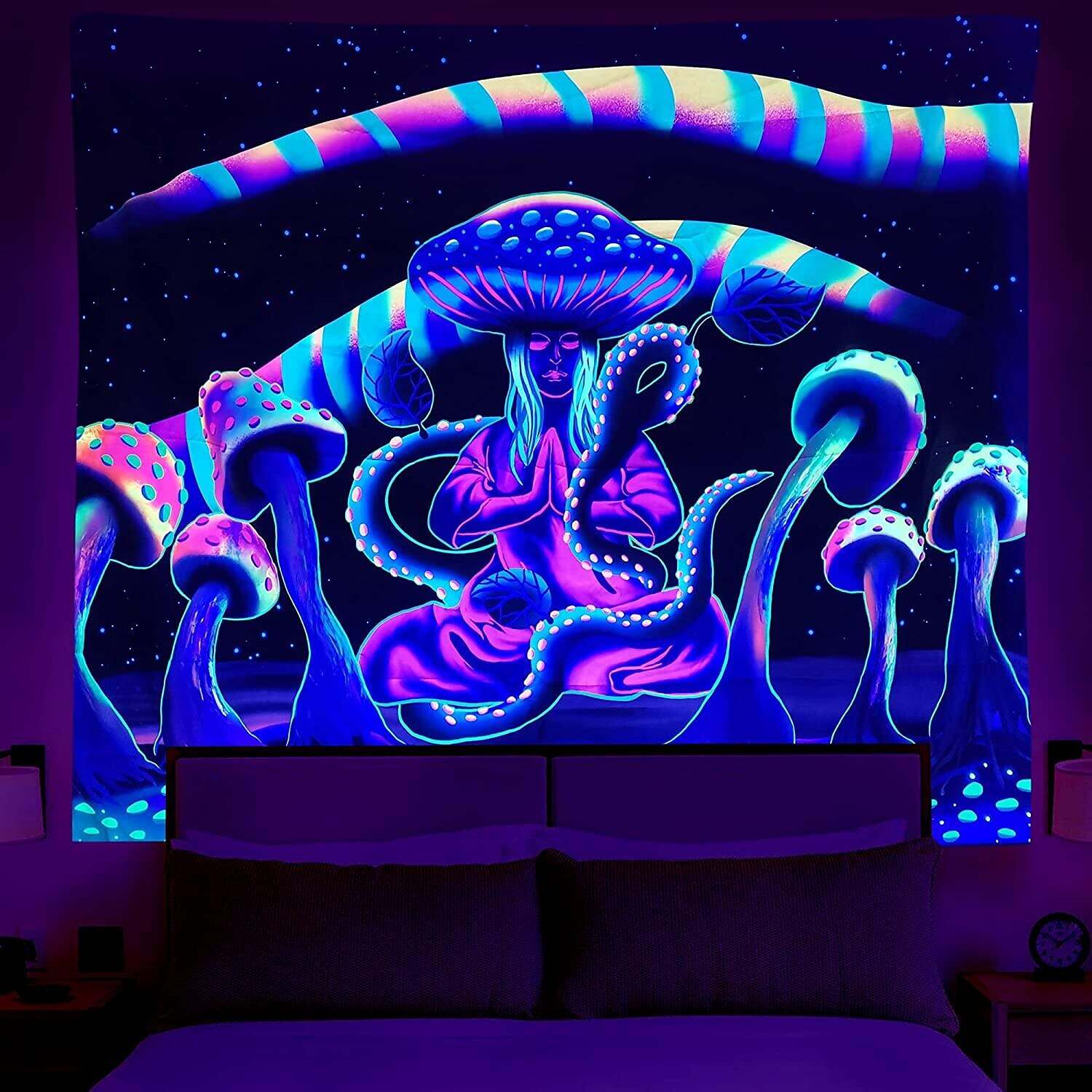 Blacklight Tapestry UV Reactive Trippy Misty Mushroom Forest