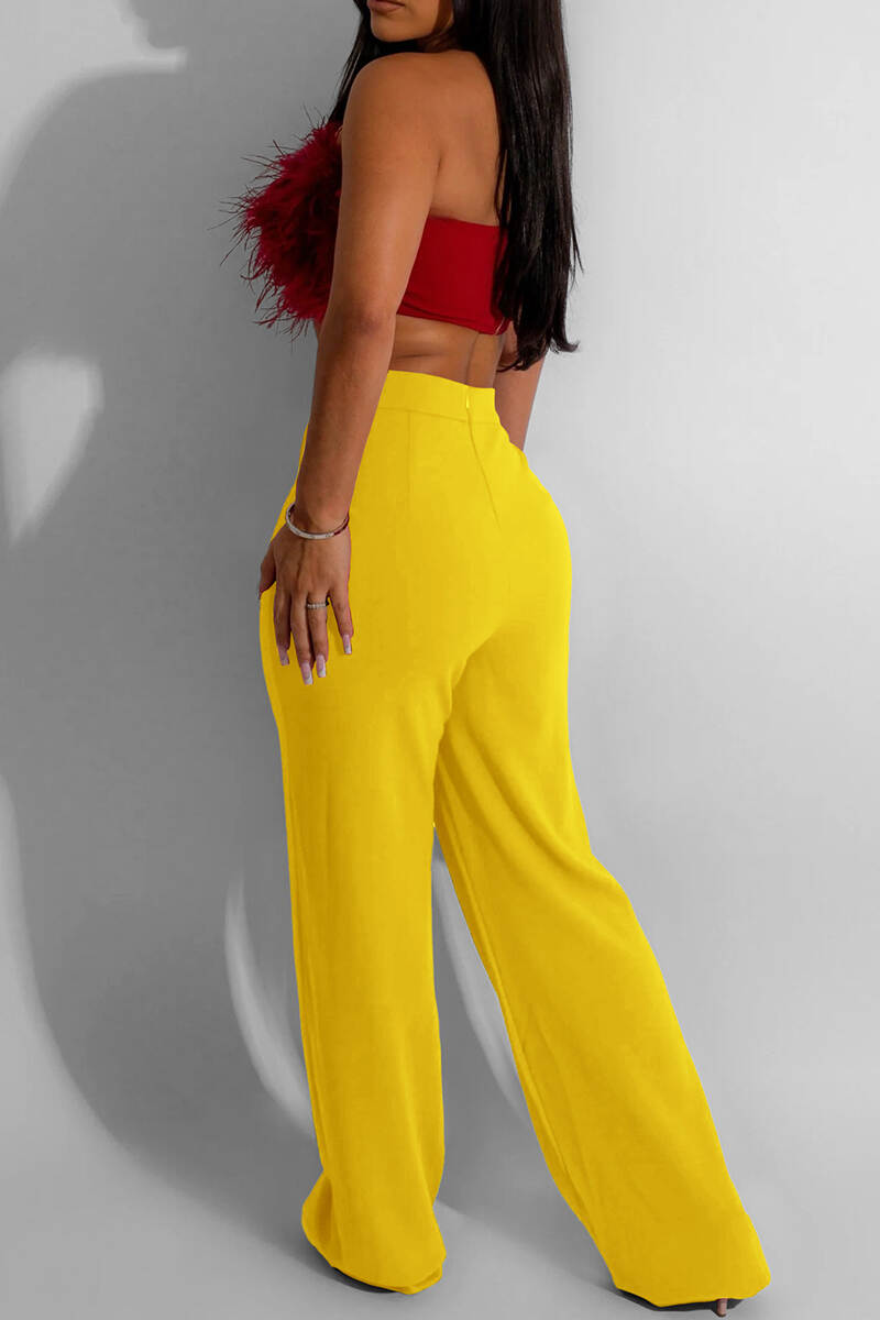 Red Casual Solid Basic Regular High Waist Conventional Solid Color Trousers