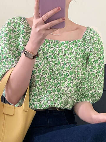 Women Blouses & Shirts | Floral Print Puff Sleeve Square Collar Women Blouse - MU21402