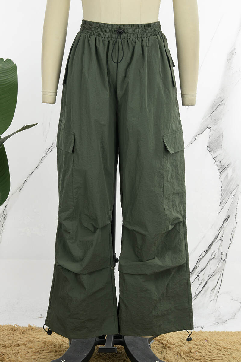 Army Green Street Solid Patchwork Draw String Pocket Straight Low Waist Straight Solid Color Bottoms