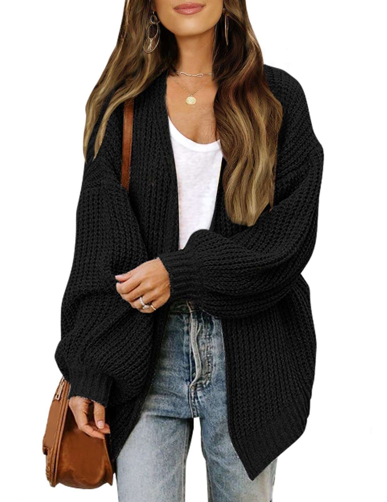 Knitted cotton and linen lantern sleeve cardigan jacket