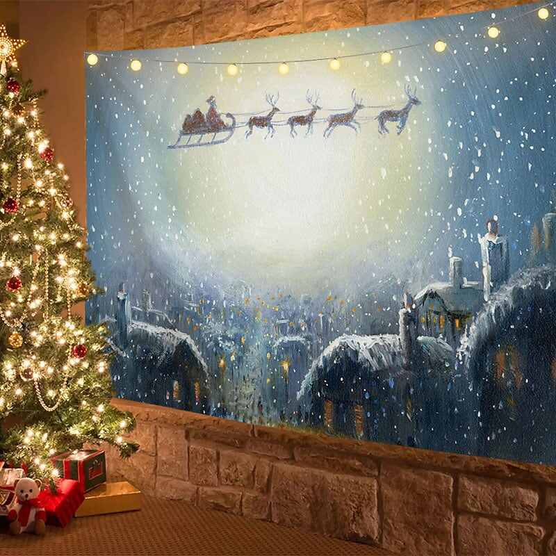 Christmas Decor LED Lights Wall Tapestry Snow Forest Christmas Tree Print