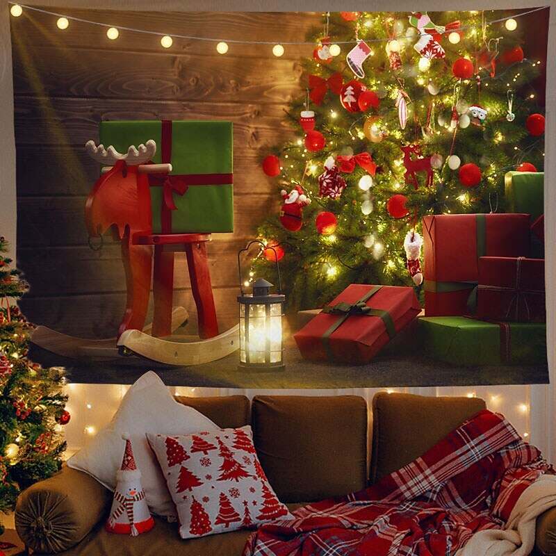 Christmas Decor LED Lights Wall Tapestry Santa Claus Christmas Tree Print