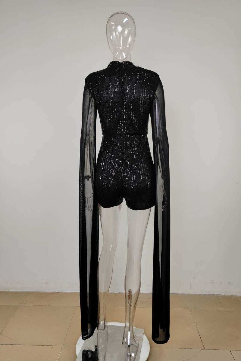 Black Sexy Patchwork Hollowed Out Sequins Half A Turtleneck Skinny Romper