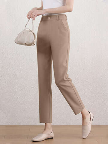 Women Pants & Capris | Solid Pocket Button Zip Tailored Pants For Women - EU24222