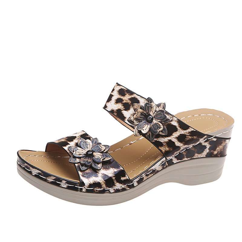 2022 New Leopard Print Leather Wedge Soft Sole Sandals