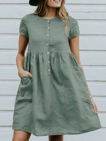 Women Casual Dresses | Solid Button Pocket Short Sleeve Casual Cotton Midi Dress - HV19260