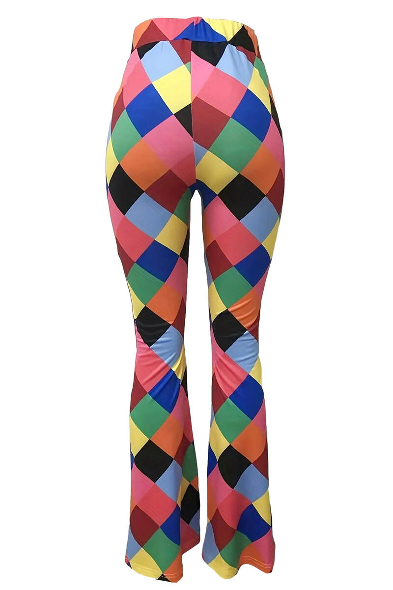 Multicolor Street Color Block Patchwork Boot Cut Mid Waist Speaker Full Print Bottoms