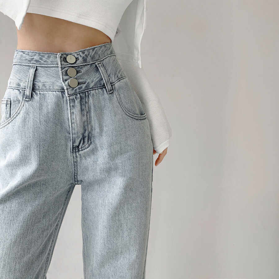 Buttoned Drape Loose Straight Fit Jeans