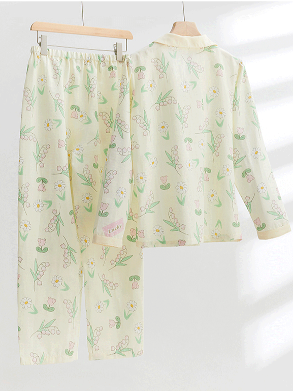 Simple Regular Long Sleeve Floral Cotton Regular Fit Pajama Set