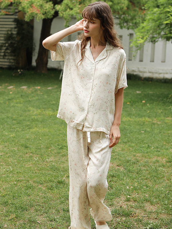 Simple Shawl Collar Stain Lace Long Sleeve Pajama Set