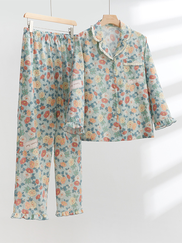 Casual Floral Regular Fit Cotton Simple Long Sleeve Pajama Set