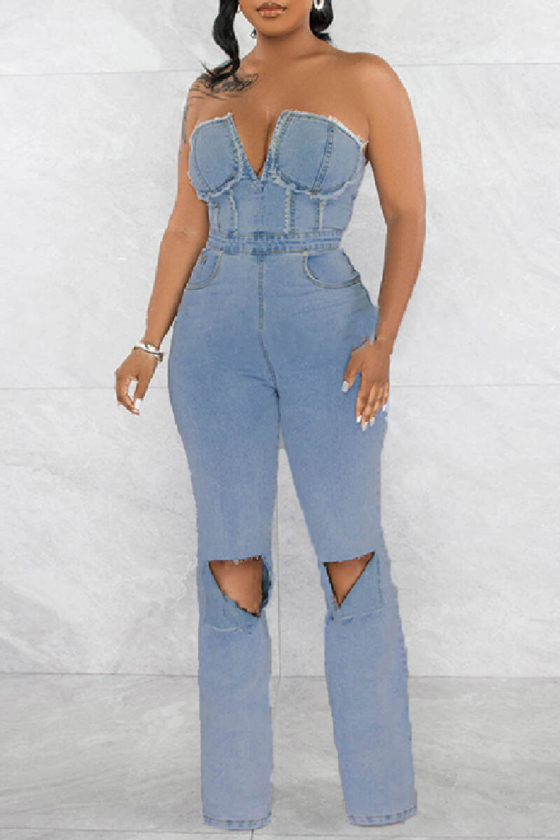 Blue Casual Solid Backless Strapless Sleeveless High Waist Skinny Denim Jumpsuits