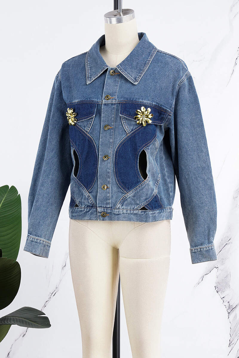 Blue Casual Color Lump Solid Hollowed Out Buttons Metal Accessories Decoration Turndown Collar Long Sleeve Regular Denim Jacket