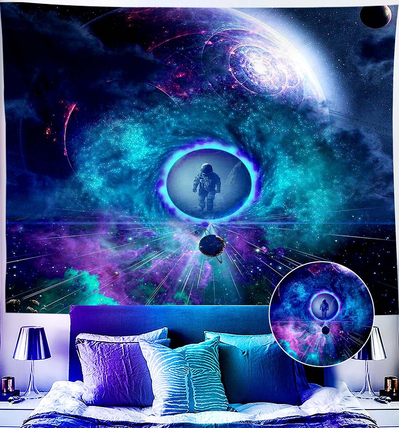 Astronaut Blacklight UV Reactive Wall Tapestry Universe