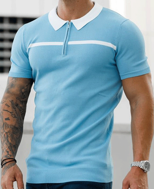 Sporty Color Block Lapel Collar Zipper Short Sleeve Polo Shirt