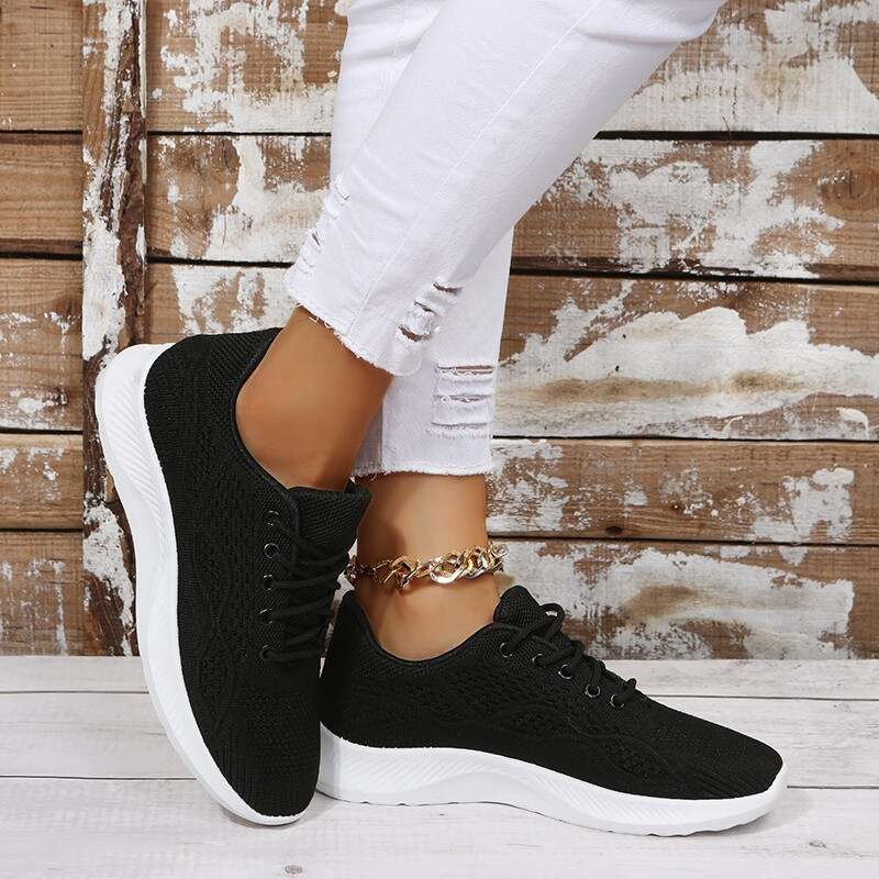 Women's Knit Net Surface Mesh Split Joint Fabric Flat Heel Sneakers