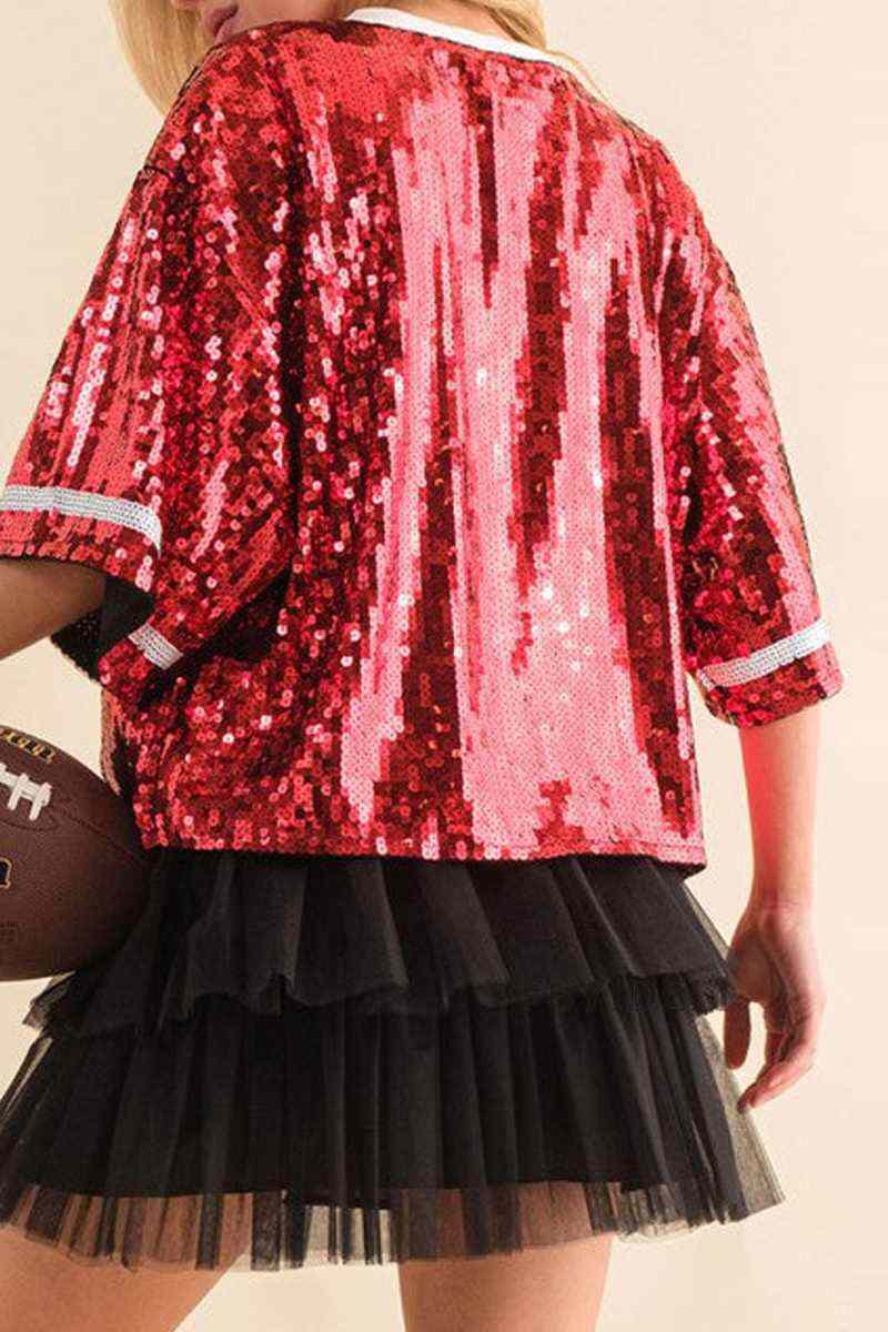 Pink Casual Patchwork Sequins O Neck T-Shirts