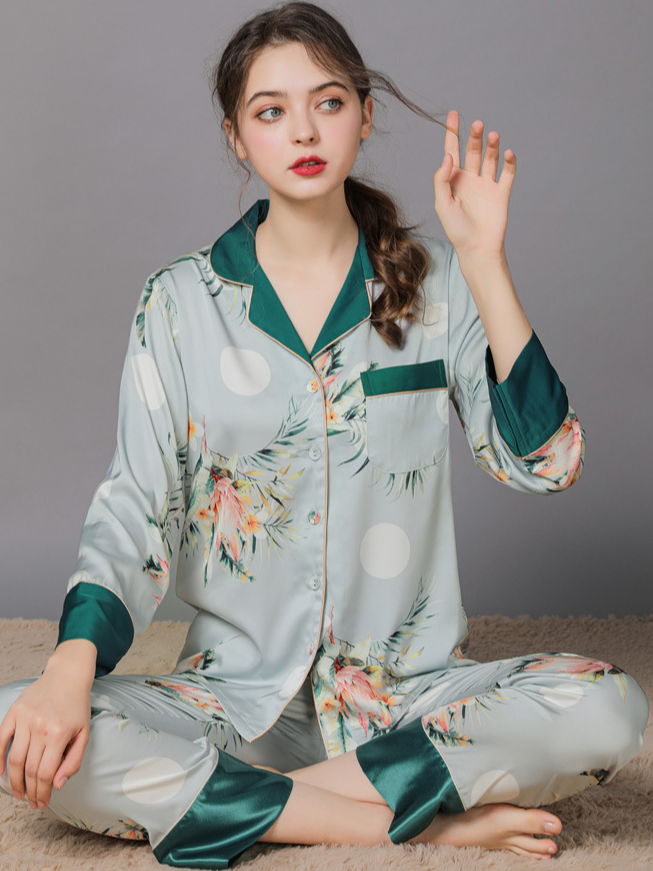 Floral V Neck Casual Regular Fit Long Sleeve Pajama Set