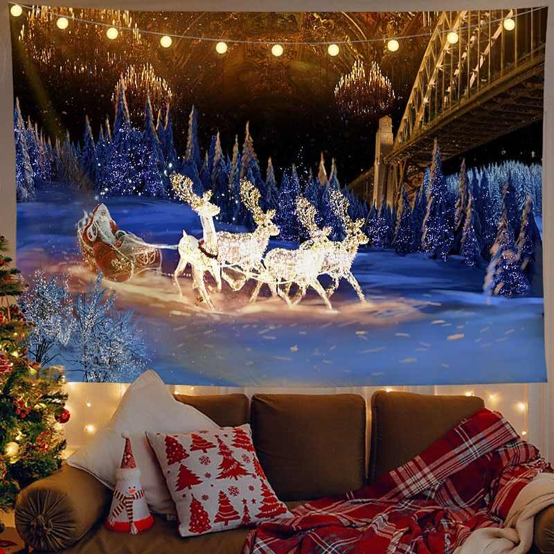 Christmas Decor LED Lights Wall Tapestry Santa Claus Christmas Tree Print