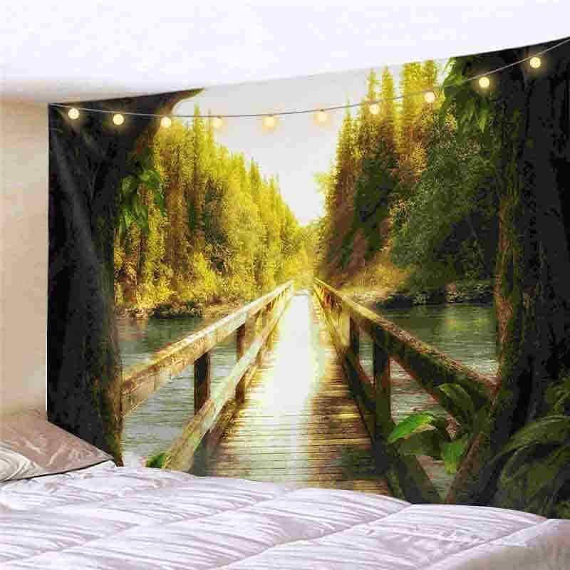 Landscape LED Lights Wall Tapestry Art Decor Forest Waterfall Print