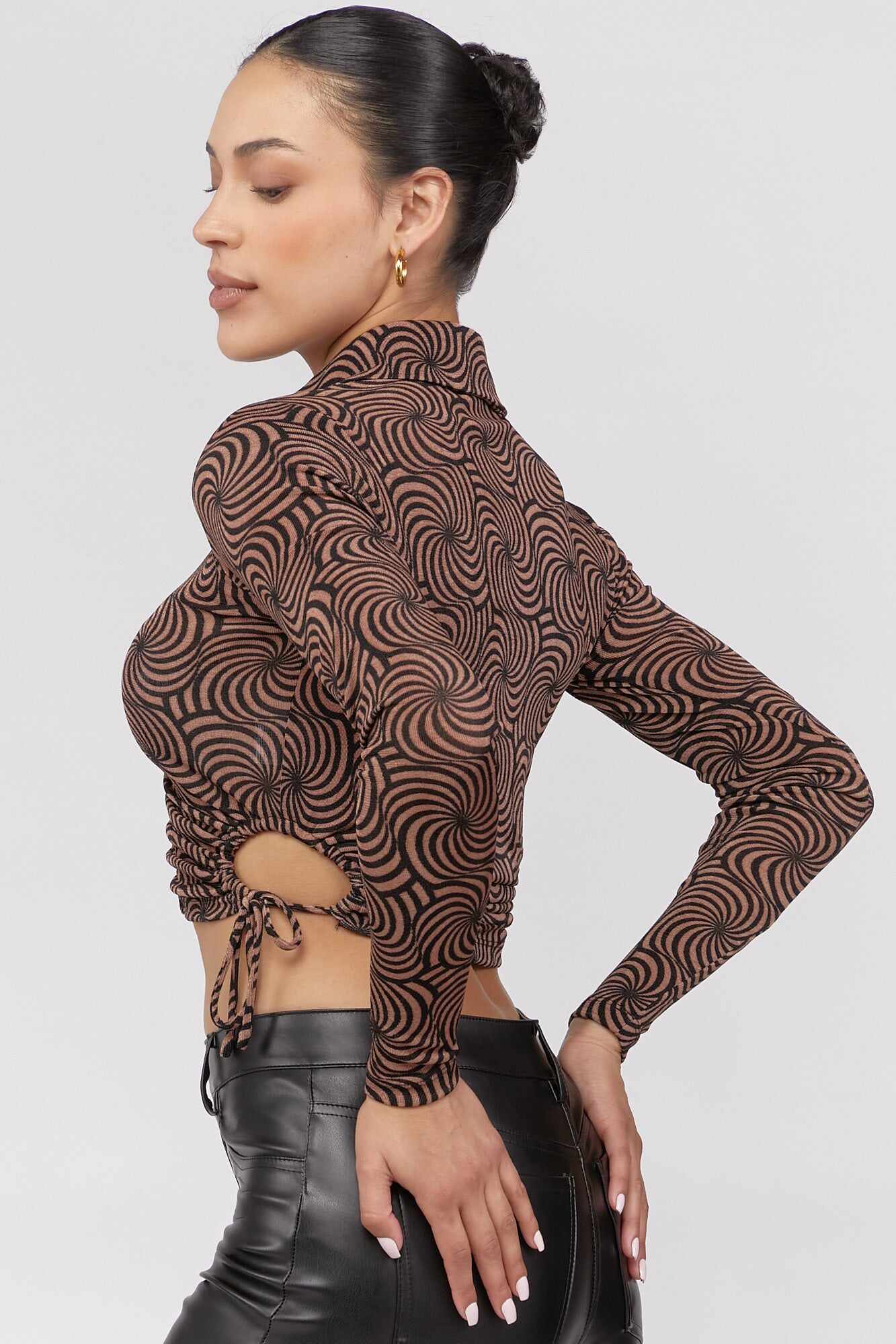 Women Apparel | Abstract Print Collared Crop Top Brown Forever21 - PI67801