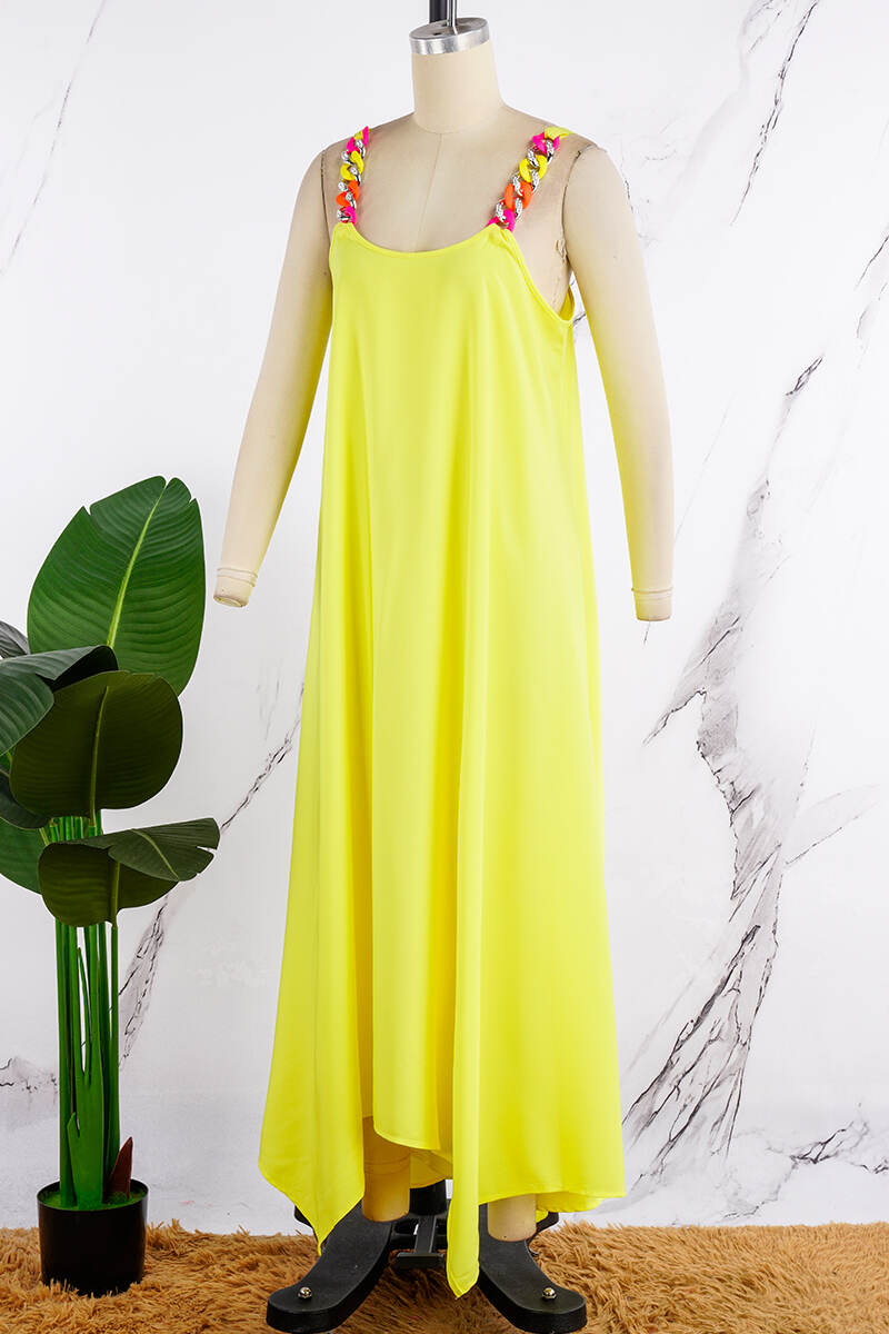 Yellow Casual Daily Elegant Simplicity Chains Asymmetrical Solid Color A Line Dresses