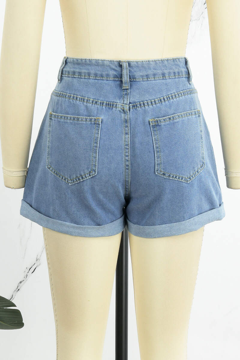 Baby Blue Casual Solid Patchwork High Waist Regular Denim Shorts