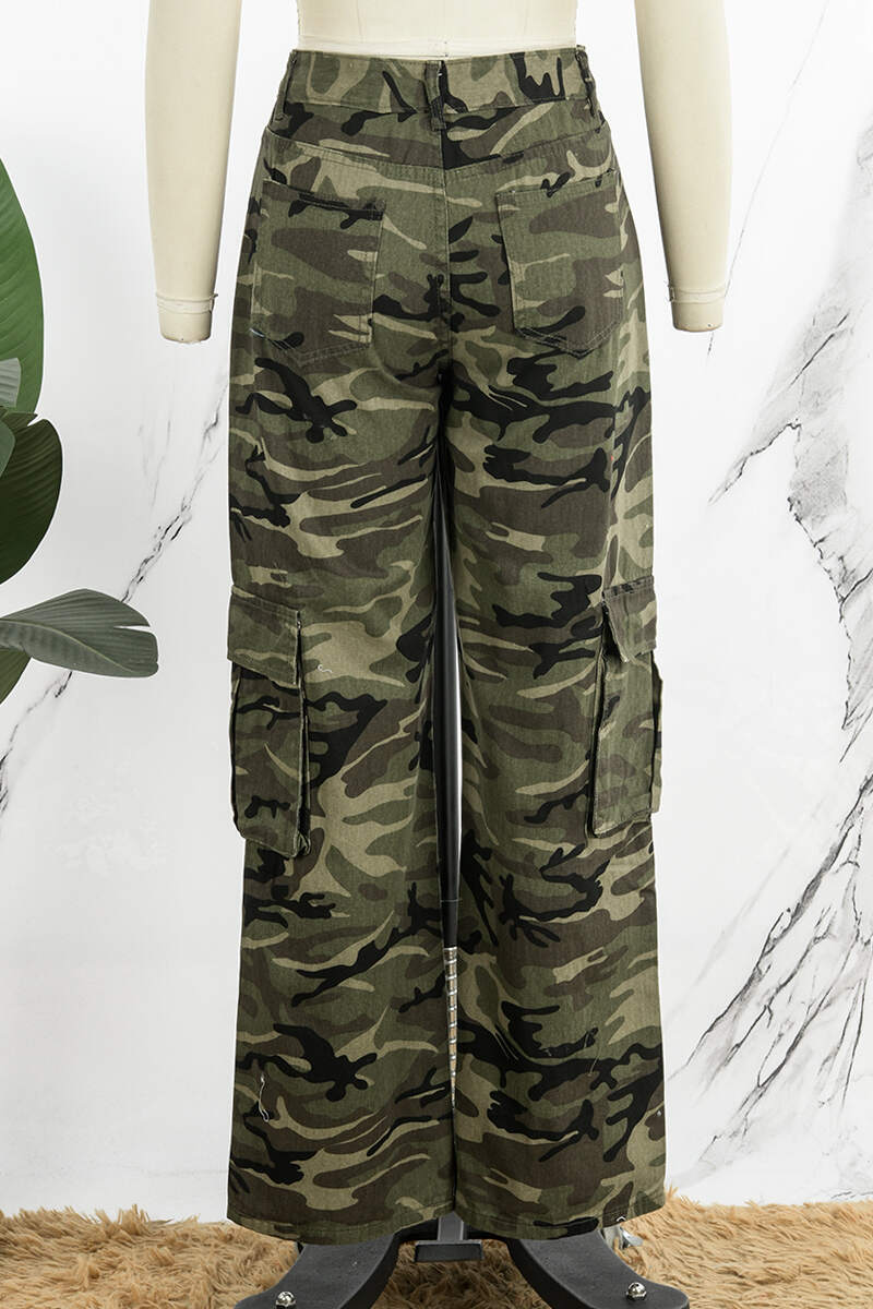 Army Green Casual Camouflage Print Patchwork Mid Waist Denim Jeans