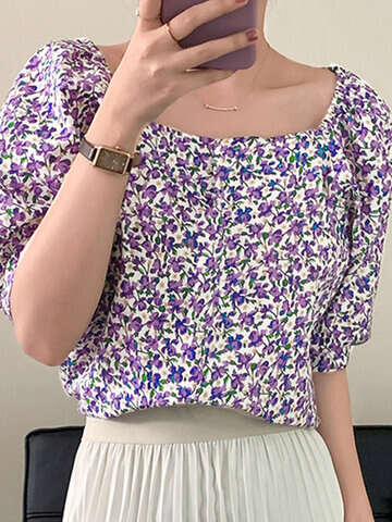 Women Blouses & Shirts | Floral Print Puff Sleeve Square Collar Women Blouse - MU21402